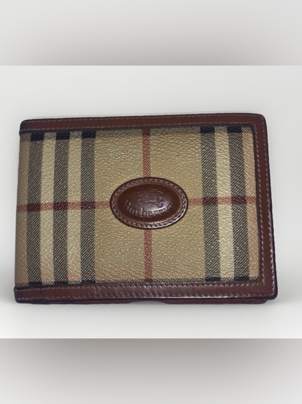 Burberry Vintage Nova Check Brown Leather-Trim Bi fold Wallet - Picture 2 of 9